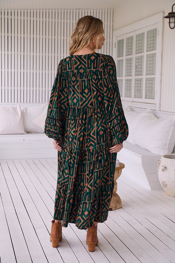 Jaase Eve Midi Dress with Long Billowy Sleeve - Emerald - Style House Fashion Jaase