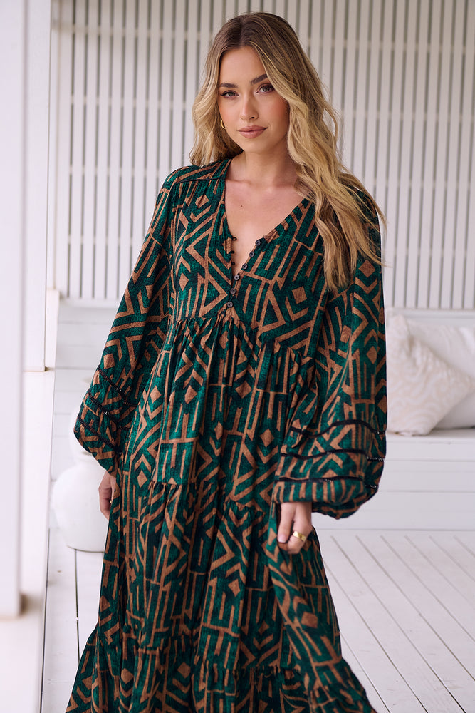 Jaase Eve Midi Dress with Long Billowy Sleeve - Emerald - Style House Fashion Jaase