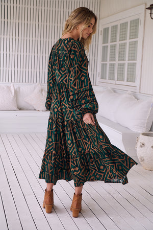 Jaase Eve Midi Dress with Long Billowy Sleeve - Emerald - Style House Fashion Jaase