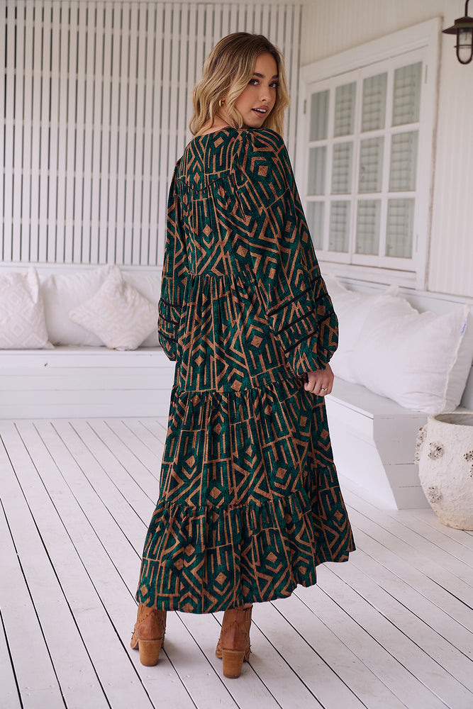 Jaase Eve Midi Dress with Long Billowy Sleeve - Emerald - Style House Fashion Jaase