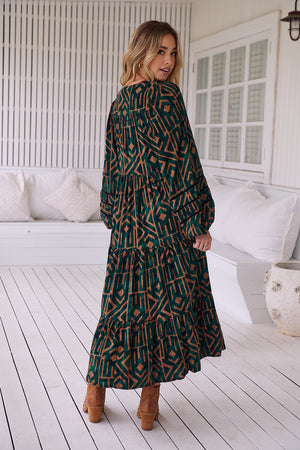 Jaase Eve Midi Dress with Long Billowy Sleeve - Emerald - Style House Fashion Jaase