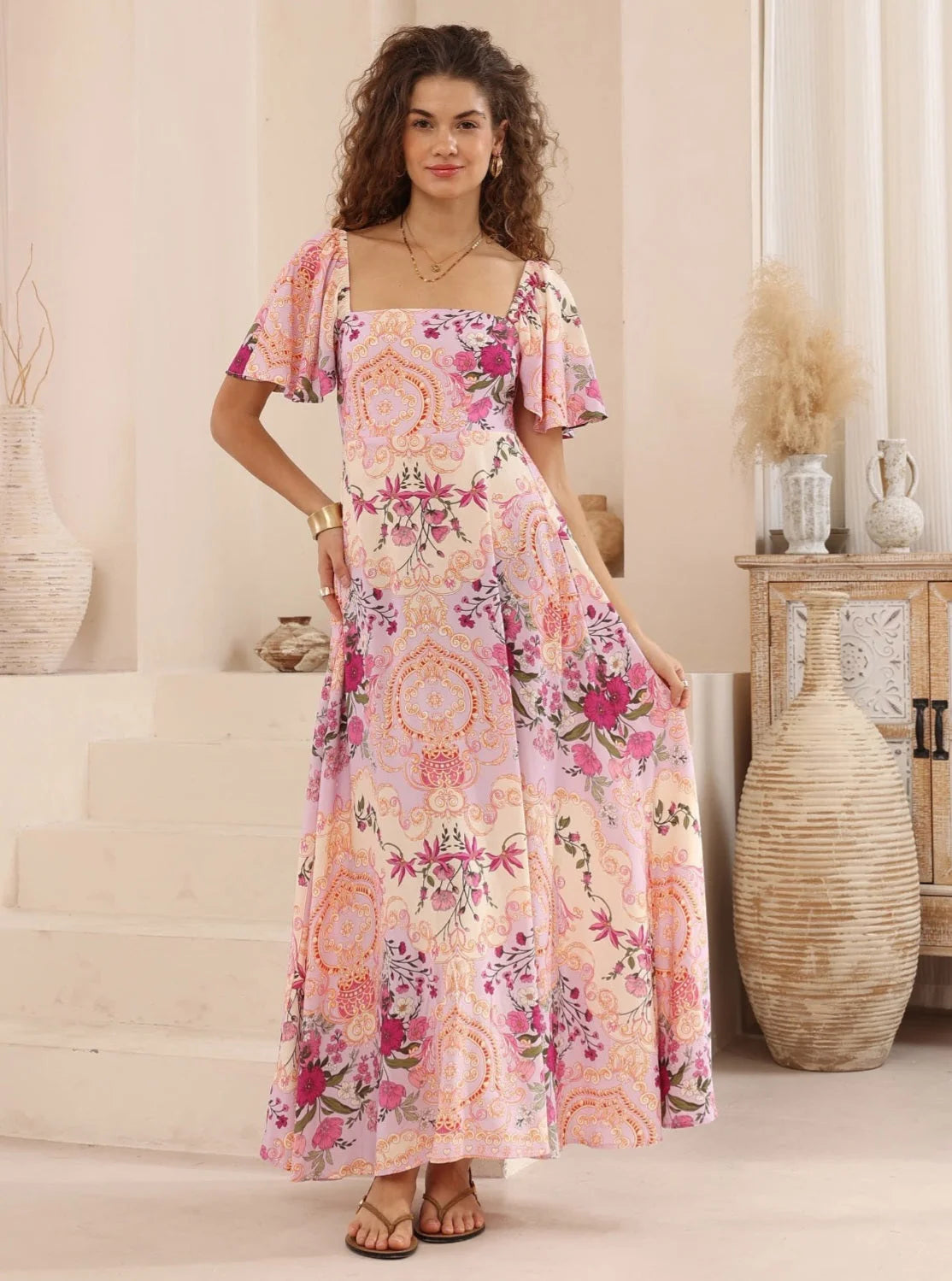 Iris Maxi Charlotte Maxi Dress with Shirred Bodice Flutter Sleeve - Rosalie Style House Fashion