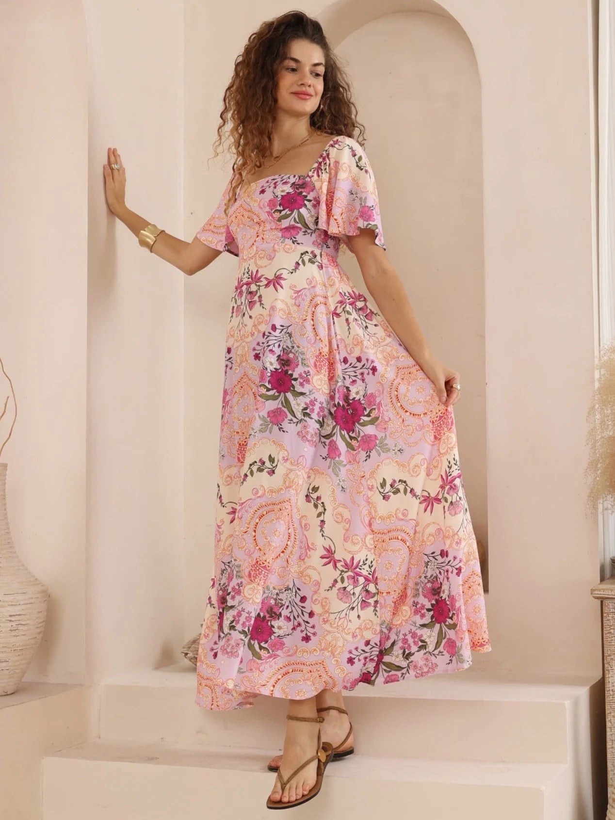 Iris Maxi Charlotte Maxi Dress with Shirred Bodice Flutter Sleeve - Rosalie Style House Fashion