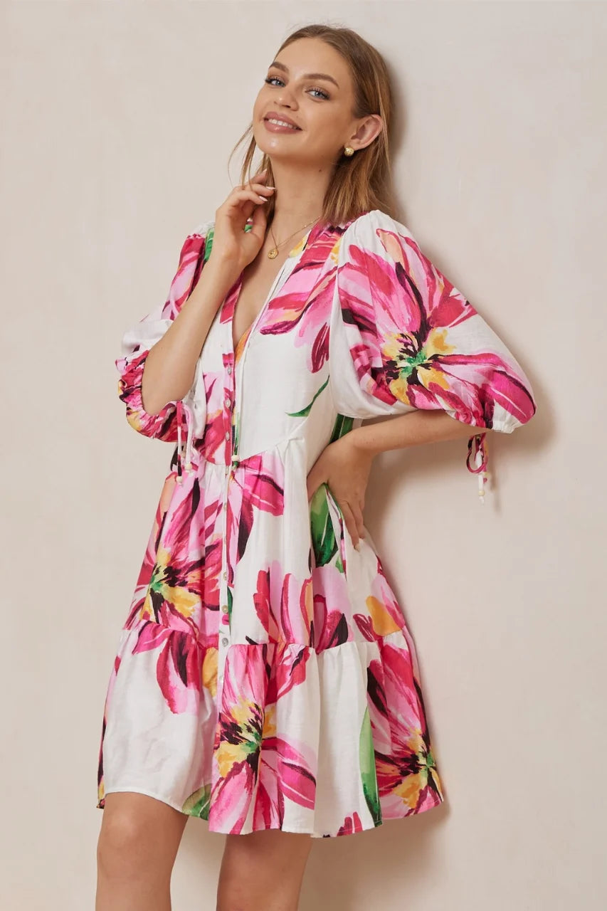 Iris Maxi Emma Mini Dress with V-Neck Buttons Pockets - Pink Bloom Iris Maxi
