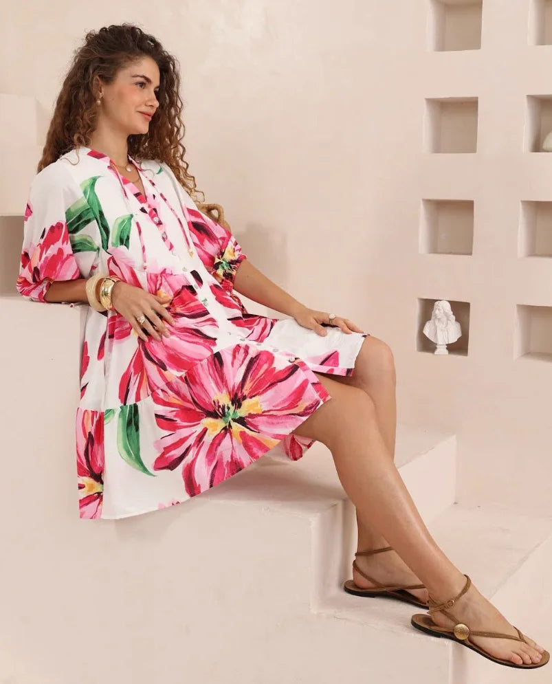 Iris Maxi Emma Mini Dress with V-Neck Buttons Pockets - Pink Bloom Iris Maxi