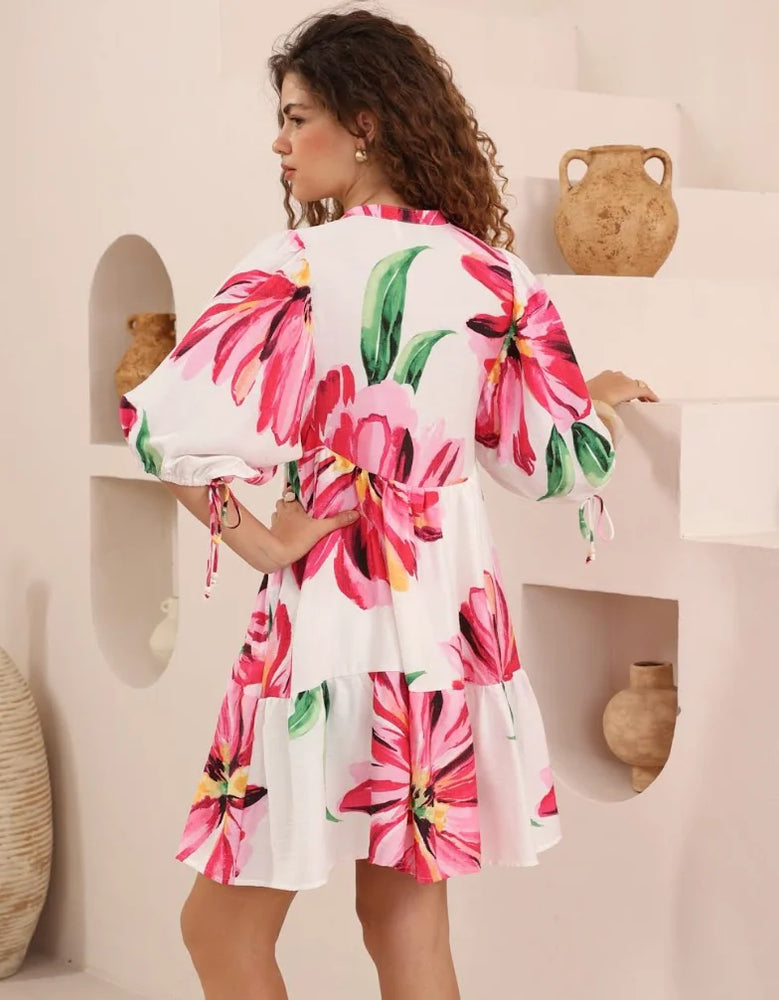 Iris Maxi Emma Mini Dress with V-Neck Buttons Pockets - Pink Bloom Iris Maxi