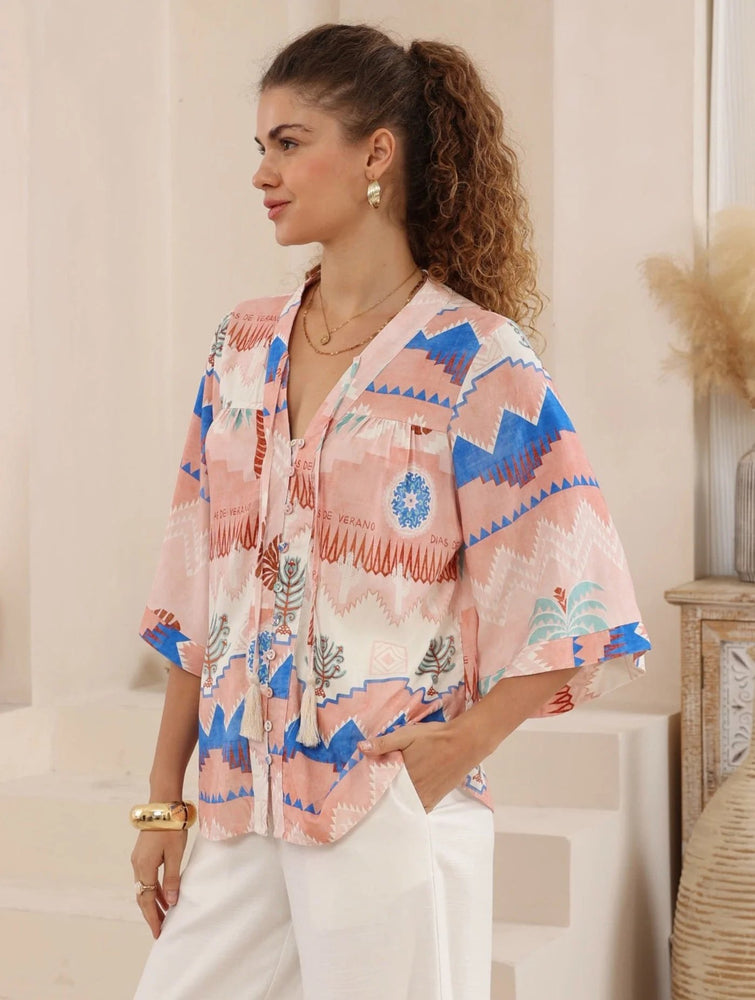 Iris Maxi Hannah Blouse Top with Tie V-Neck Sleeve Buttons - Leia Iris Maxi