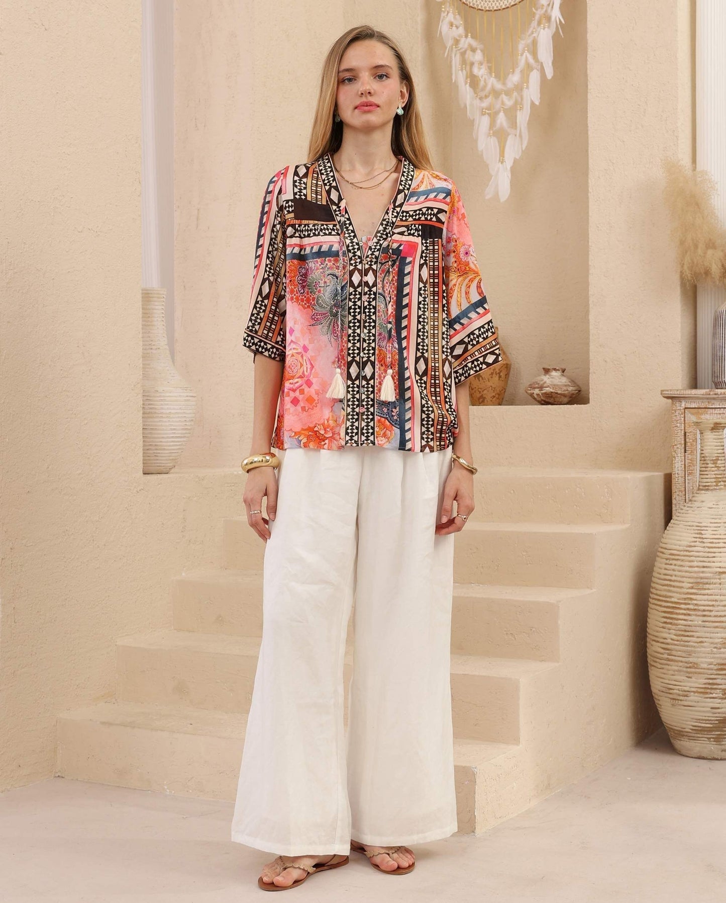 Iris Maxi Helen Blouse Top with Tie V-Neck Sleeve Buttons - Amara Iris Maxi