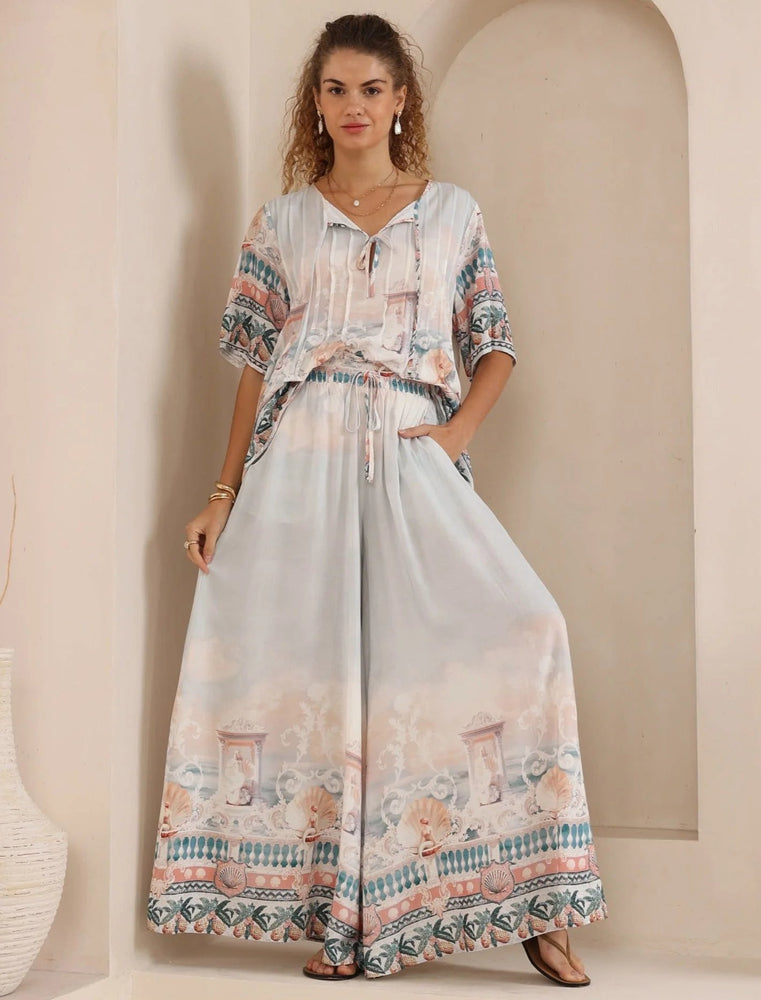 Iris Maxi Palazzo Pants with Drawstring Waist Wide Leg - Lorraine Iris Maxi