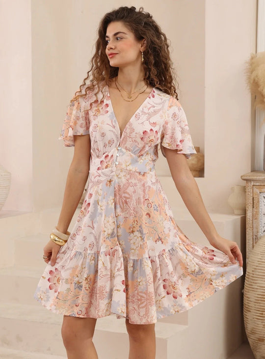 Iris Maxi Stacey Mini Dress with V Neck Flutter Sleeve Empire Waist - Rosewater