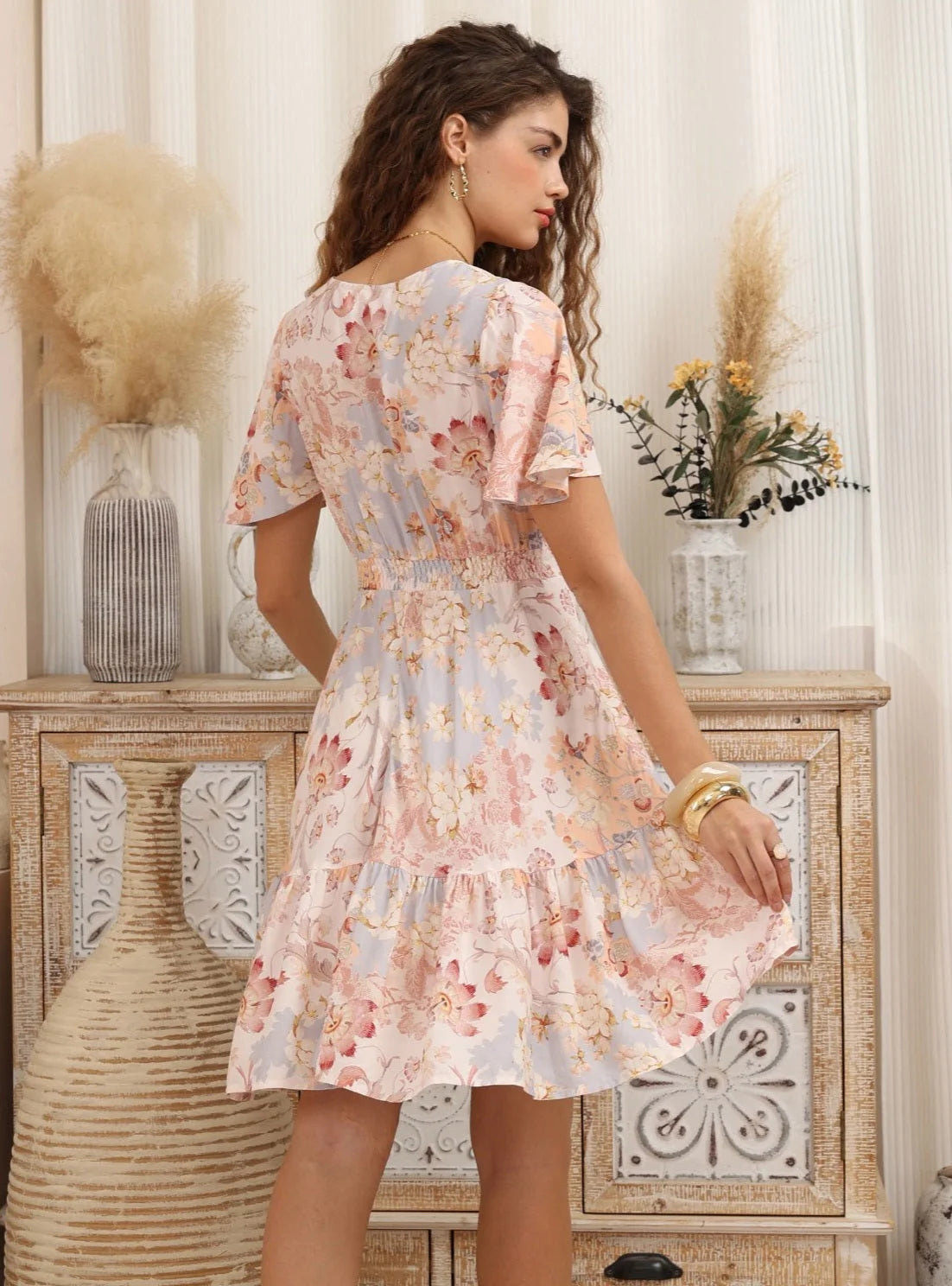 Iris Maxi Stacey Mini Dress with V Neck Flutter Sleeve Empire Waist - Rosewater Iris Maxi