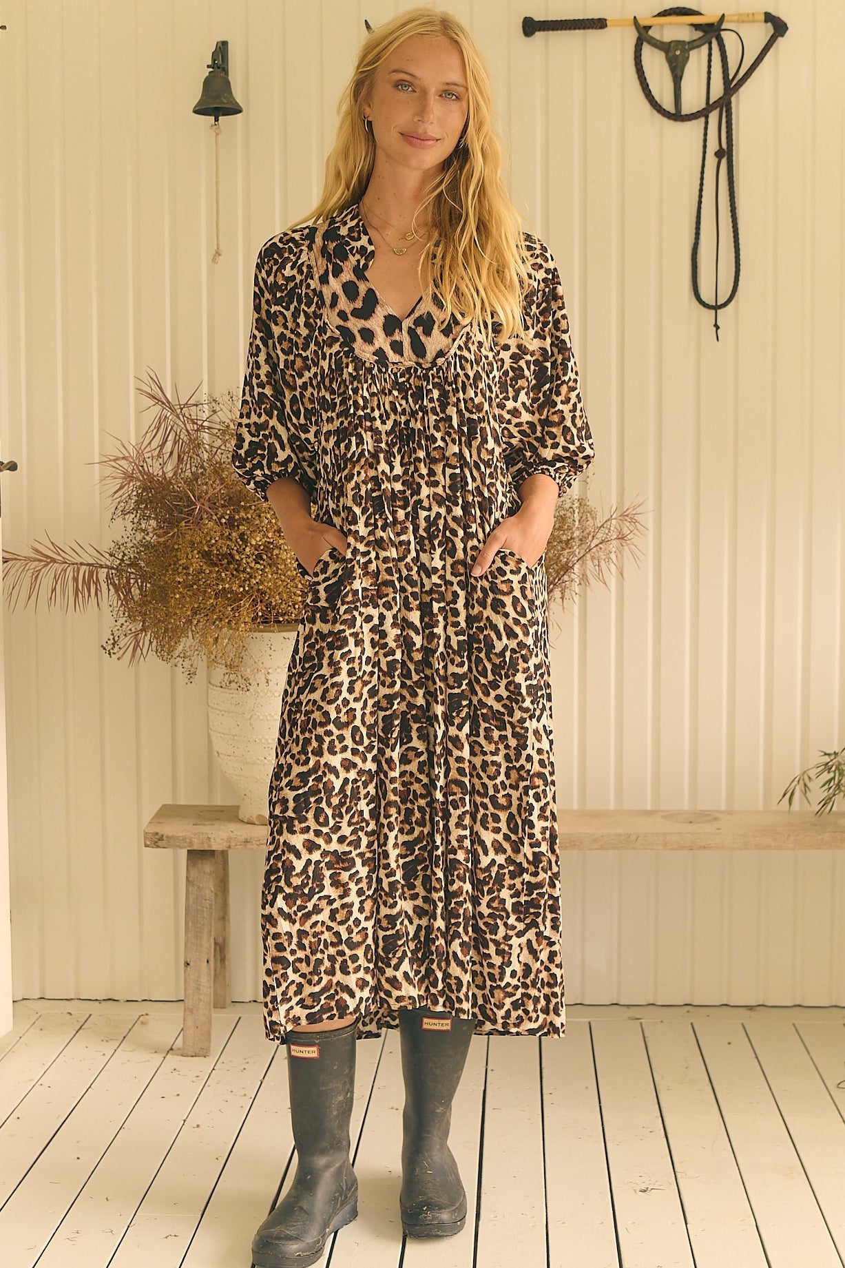 Jaase Boheme Midi Dress with Billowy Sleeve V-Neck Pockets - Untamed (Copy) Jaase
