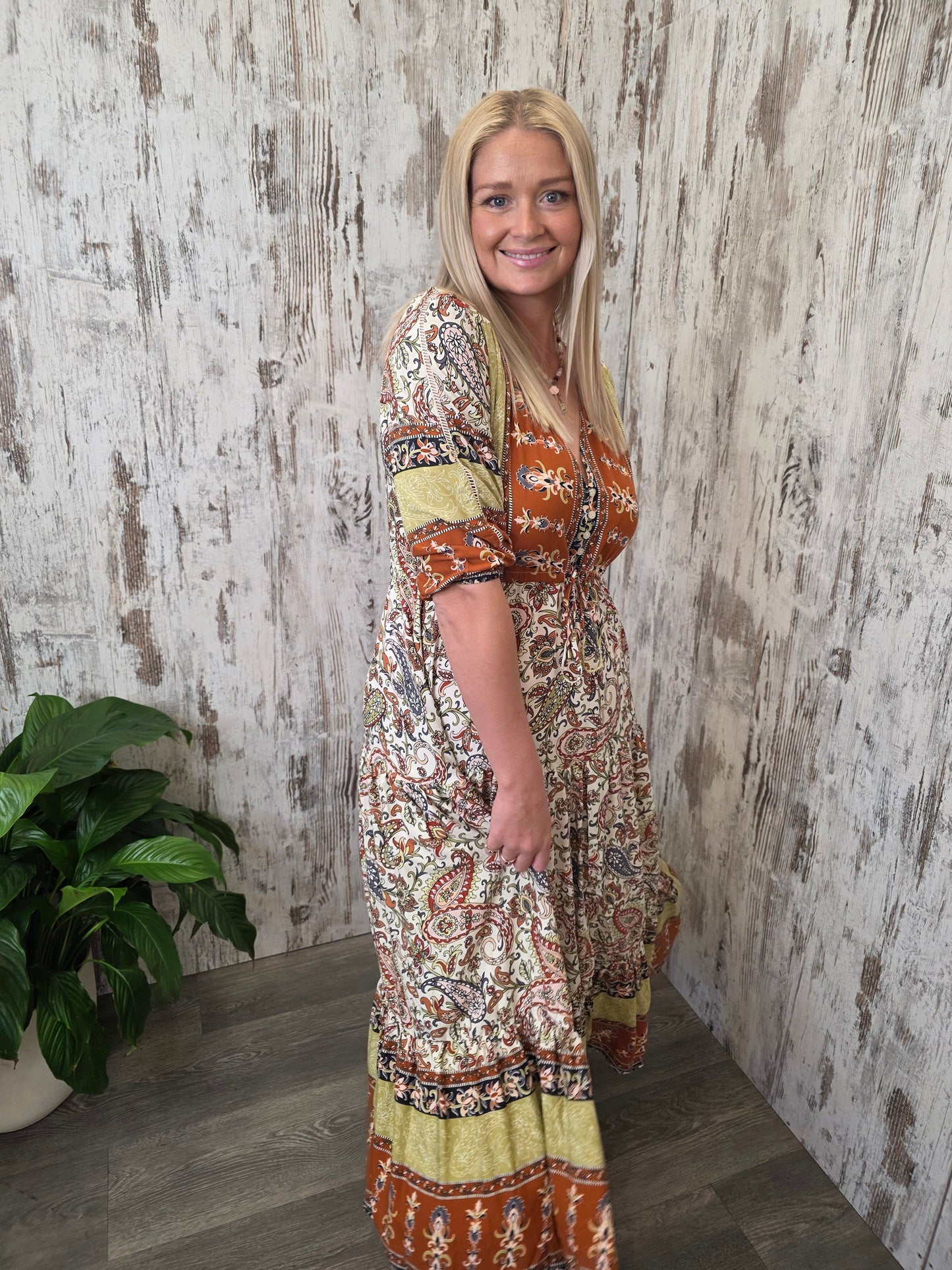Jaase Ebony Maxi Dress with V-Neck Buttoned Bodice Drawstring - Oakie - Style House Fashion Jaase
