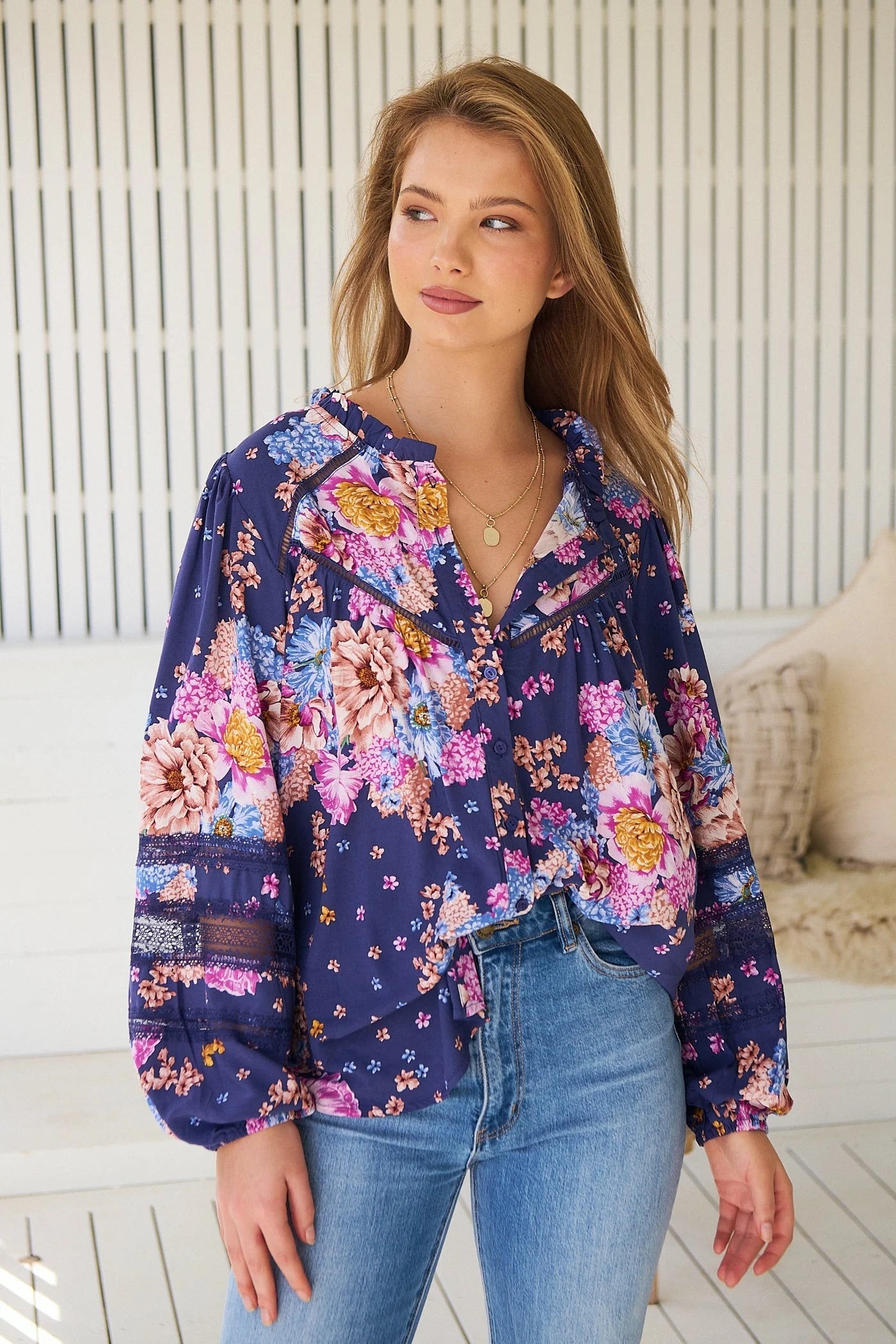 Jaase Eliza Blouse with V-Neck Lace Buttons Balloon Sleeve - Wild Whim - Style House Fashion Jaase