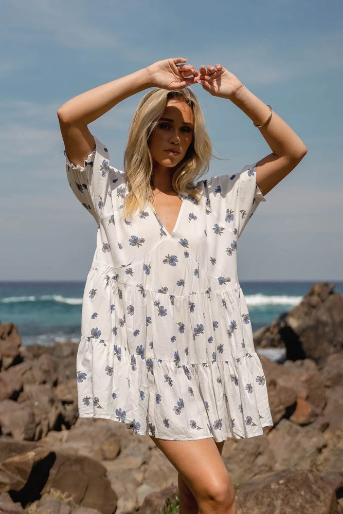 Jaase Petal Mini Dress with V Neck Puff Elastic Sleeve - Juneberry - Style House Fashion Jaase