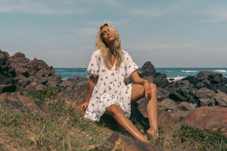 Jaase Petal Mini Dress with V Neck Puff Elastic Sleeve - Juneberry - Style House Fashion Jaase