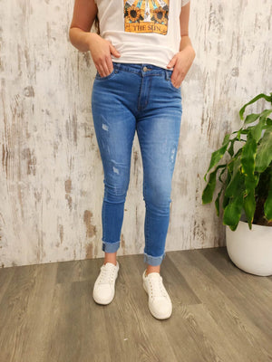 
            
                Load image into Gallery viewer, Jolie Country Denim Patched Stretch Slim Fit Raw Hem Jeans - Mid Blue Country Denim
            
        