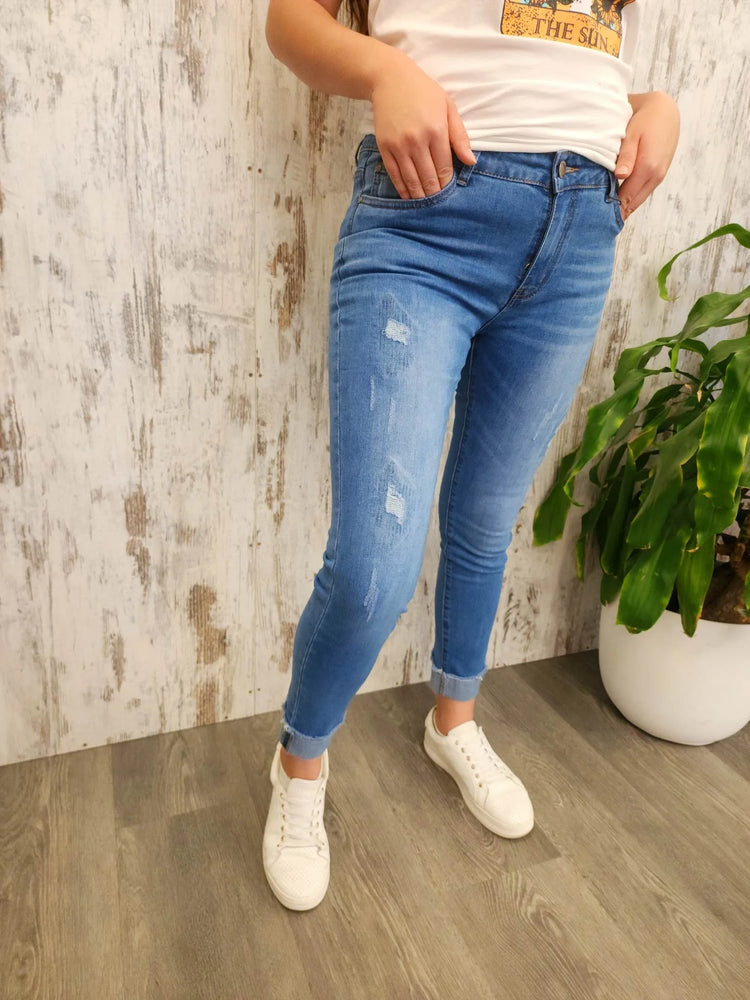 
            
                Load image into Gallery viewer, Jolie Country Denim Patched Stretch Slim Fit Raw Hem Jeans - Mid Blue Country Denim
            
        