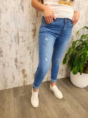Jolie Country Denim Patched Stretch Slim Fit Raw Hem Jeans - Mid Blue Country Denim