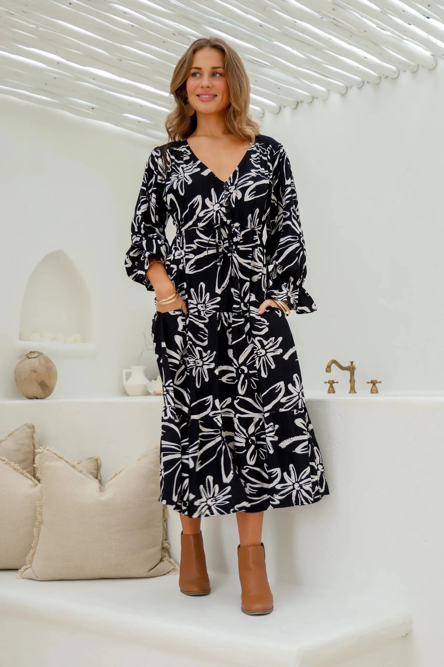 Joop & Gypsy Rose Midi Dress with V-Neck Pockets - Black & White Joop and Gypsy