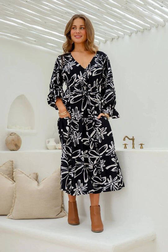 Joop & Gypsy Rosie Midi Dress with V-Neck Pockets - Black & White Daisy