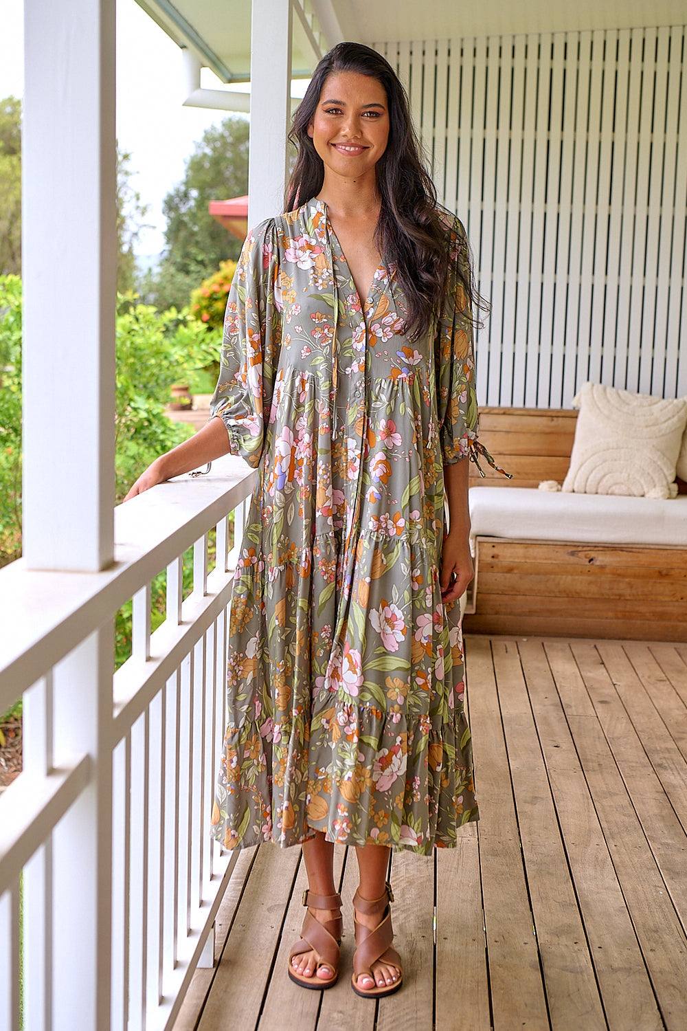 Jaase Ria Midi Dress with Pockets V Neck Buttoned Front - Rosemary - Style House Fashion