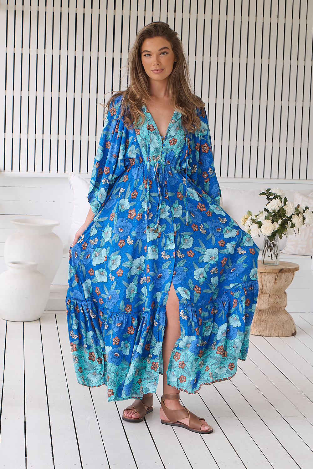 Jaase Catalonia Maxi Dress with Drawstring waist Batwing Sleeve Button Front - Love in Mist - Style House Fashion