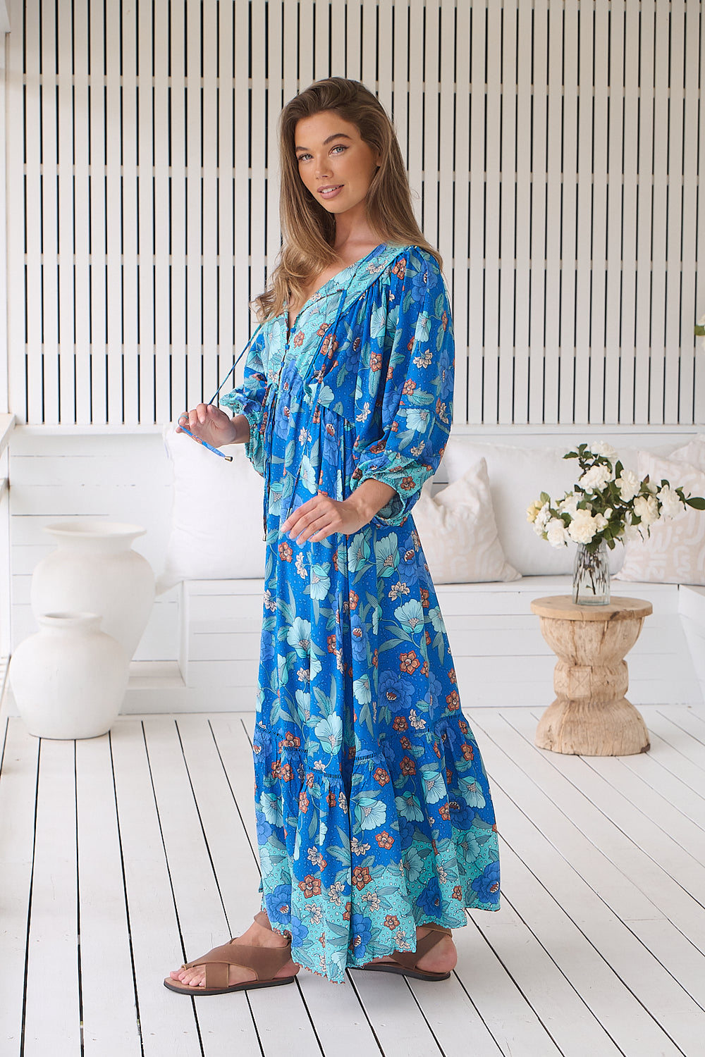 Jaase Catalonia Maxi Dress with Drawstring waist Batwing Sleeve Button Front - Love in Mist - Style House Fashion