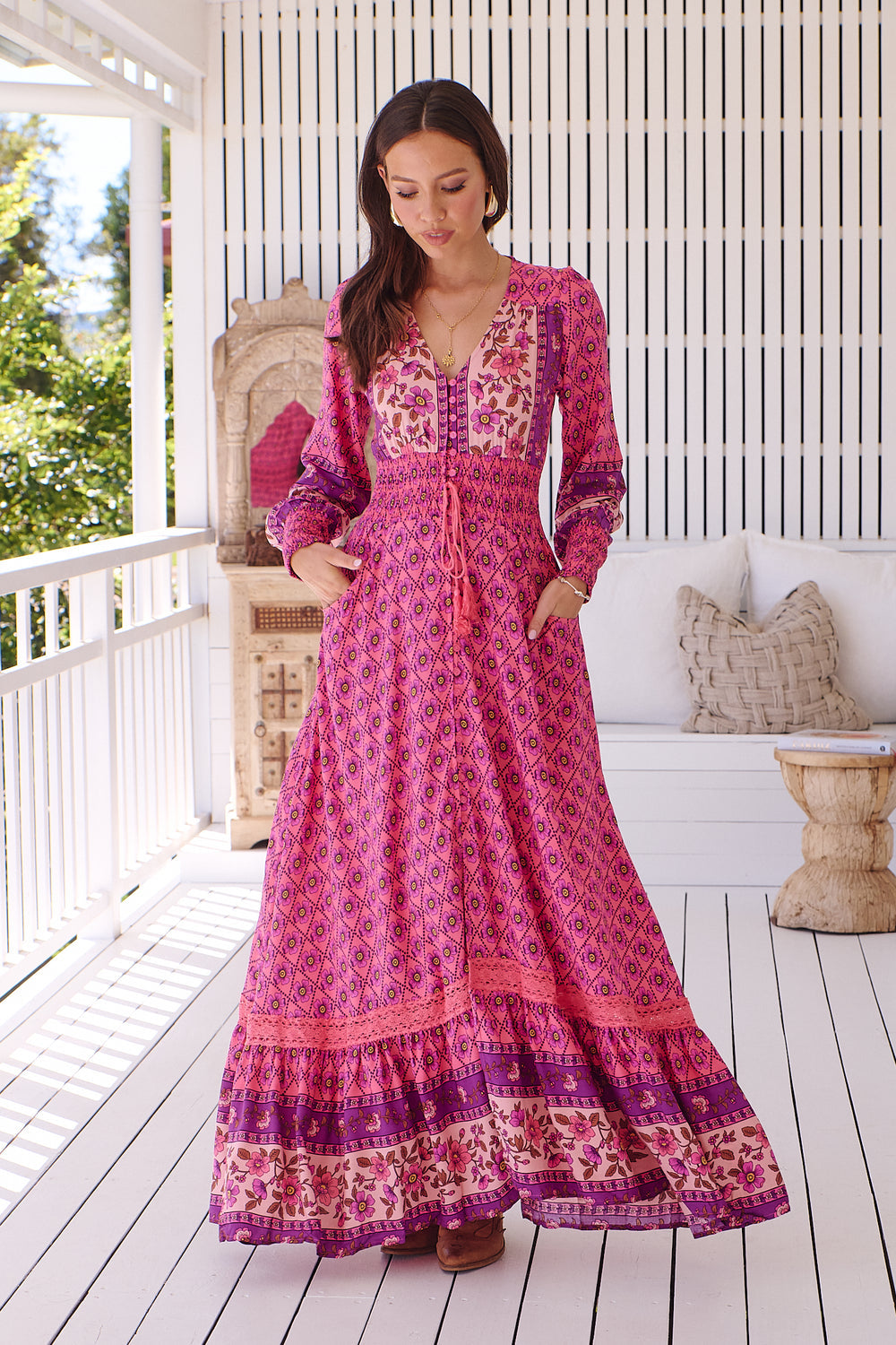 Jaase Sabrina Maxi Dress with V-Neck Buttoned Shirred Waist - Jolene - Style House Fashion