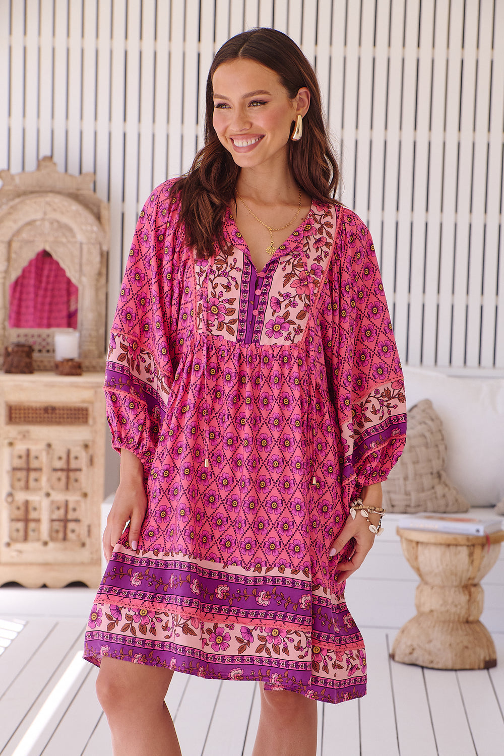 Jaase Adela Dress Buttoned Bodice V Neck Pockets Jolene - Style House Fashion Jaase