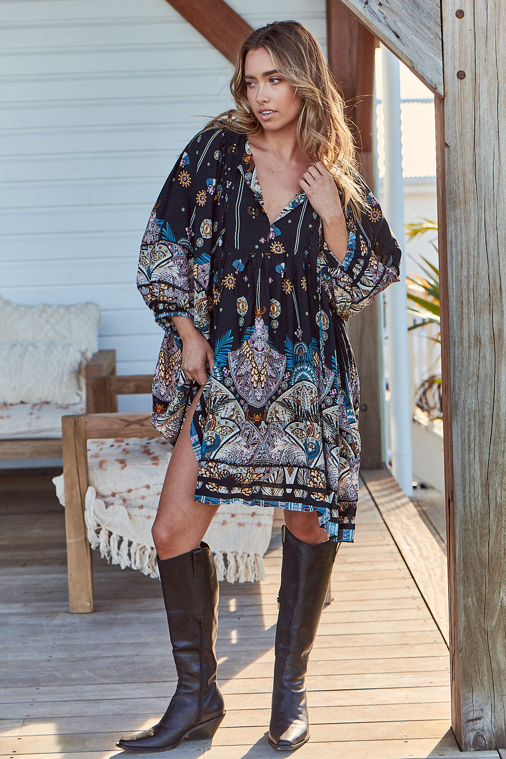 Jaase Adela Dress with Buttoned Bodice V Neck Pockets - Super Nova - Style House Fashion Jaase Jaase Jaase Jaase