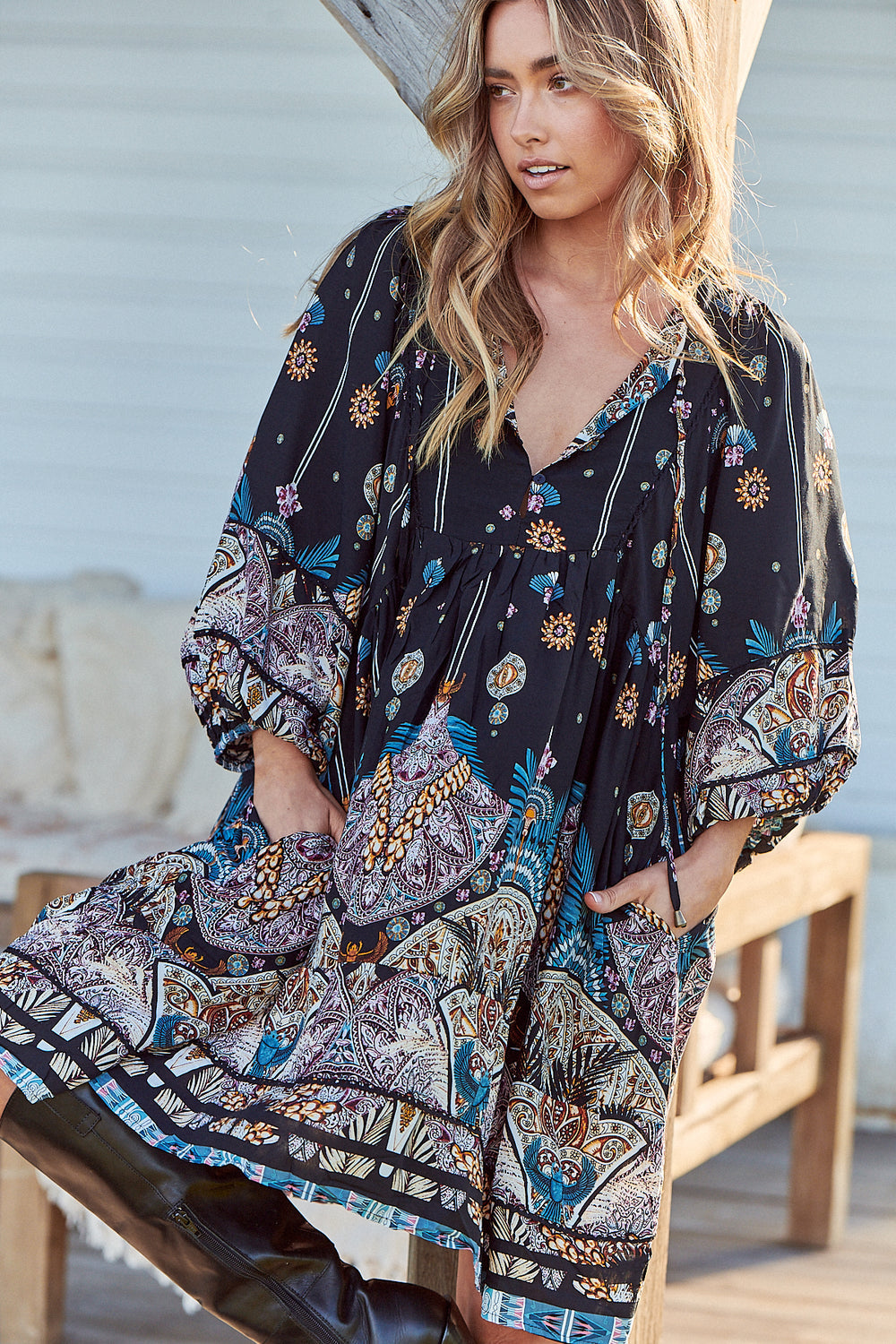 Jaase Adela Dress with Buttoned Bodice V Neck Pockets - Super Nova - Style House Fashion Jaase Jaase Jaase Jaase