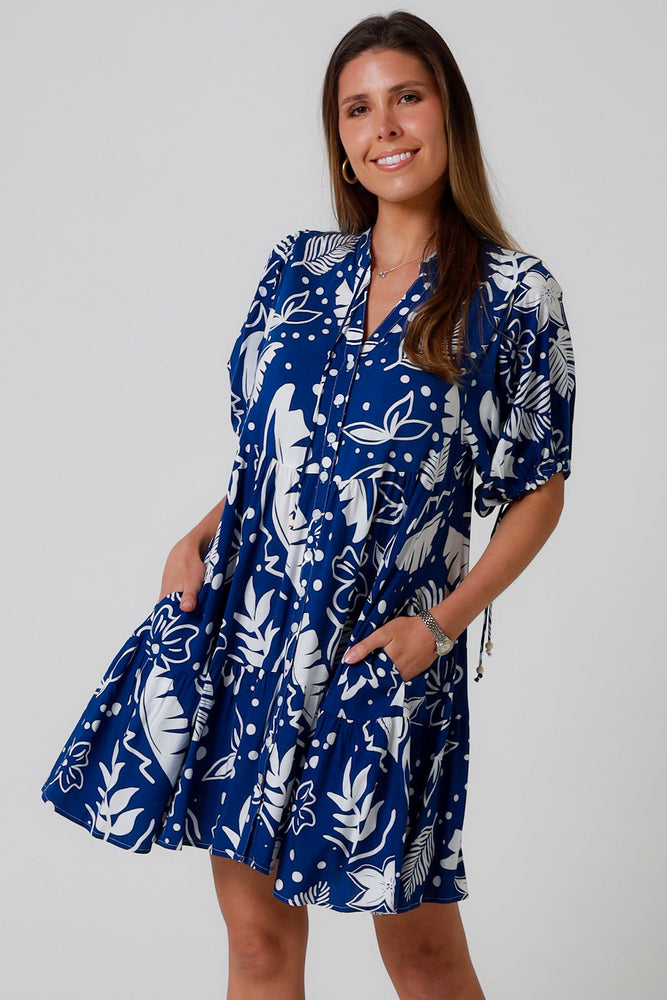 Isabella Olivia Mini Dress with V-Neck Buttons Pockets - Blue Palm