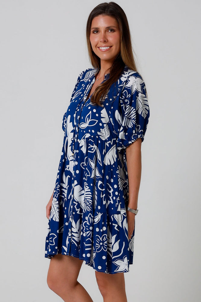 Isabella Olivia Mini Dress with V-Neck Buttons Pockets - Blue Palm