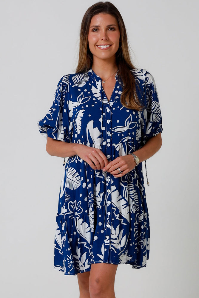 Isabella Olivia Mini Dress with V-Neck Buttons Pockets - Blue Palm