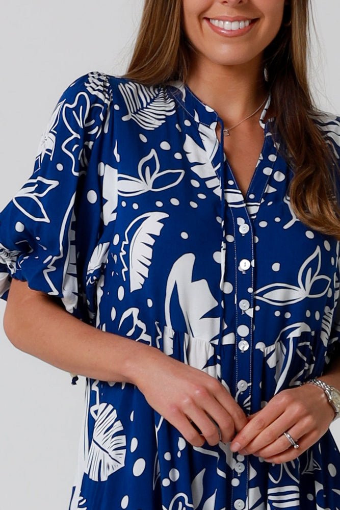 Isabella Olivia Mini Dress with V-Neck Buttons Pockets - Blue Palm