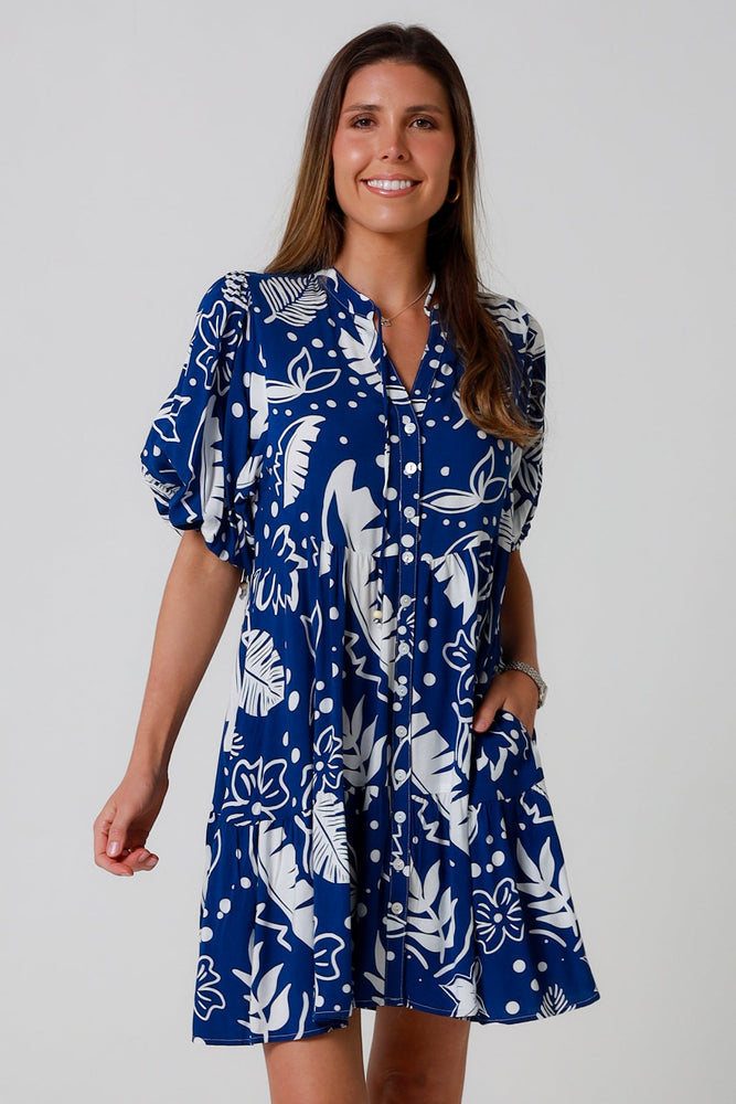 Isabella Olivia Mini Dress with V-Neck Buttons Pockets - Blue Palm