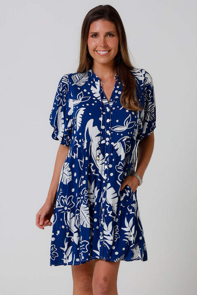 Isabella Olivia Mini Dress with V-Neck Buttons Pockets - Blue Palm