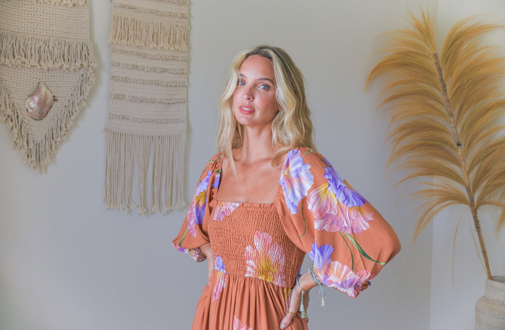 Jaase Tulli Midi Dress with Shirred Bodice Pockets Puff Sleeve - Amara Bloom - Style House Fashion Jaase Jaase