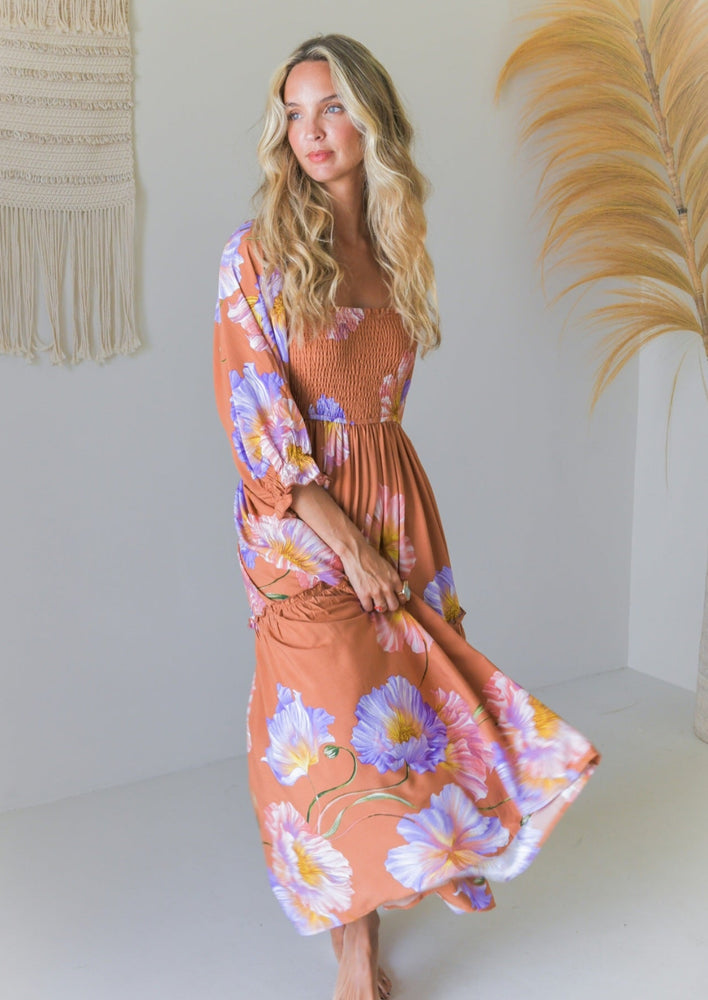 Jaase Tulli Midi Dress with Shirred Bodice Pockets Puff Sleeve - Amara Bloom - Style House Fashion Jaase Jaase