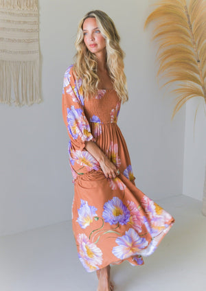 Jaase Tulli Midi Dress with Shirred Bodice Pockets Puff Sleeve - Amara Bloom - Style House Fashion Jaase Jaase