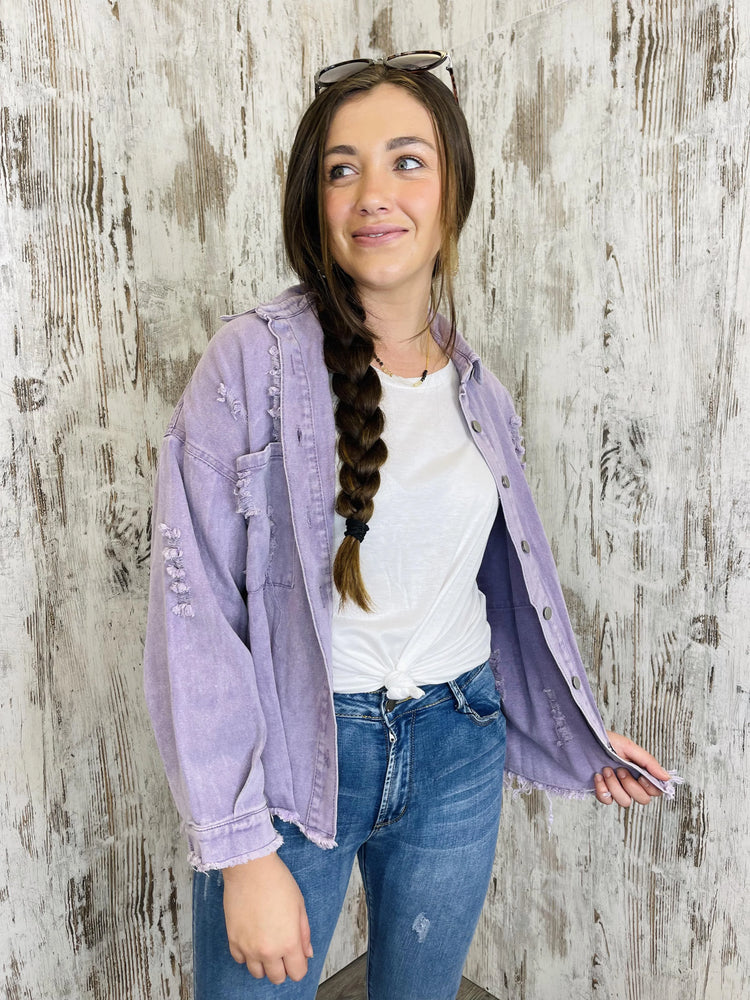 
            
                Load image into Gallery viewer, Spirit Distressed Denim Jacket - Lilac Style House Fashion
            
        