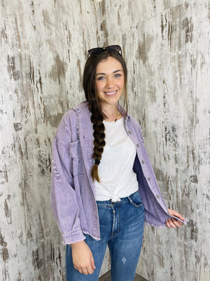 
            
                Load image into Gallery viewer, Spirit Distressed Denim Jacket - Lilac Style House Fashion
            
        