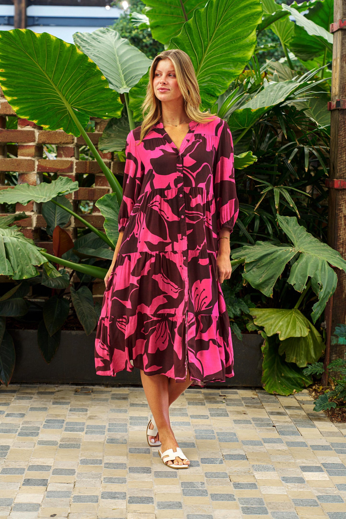 Boho Australia Maizie Midi Dress with V-Neck Buttons Sleeves Pockets - Rasberry Mocha - Style House Fashion Boho Australia Boho Australia