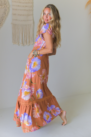 Jaase Carmen Maxi Dress with Cap Shell Sleeve V Neck Pockets Buttoned - Amara Bloom - Style House Fashion Jaase
