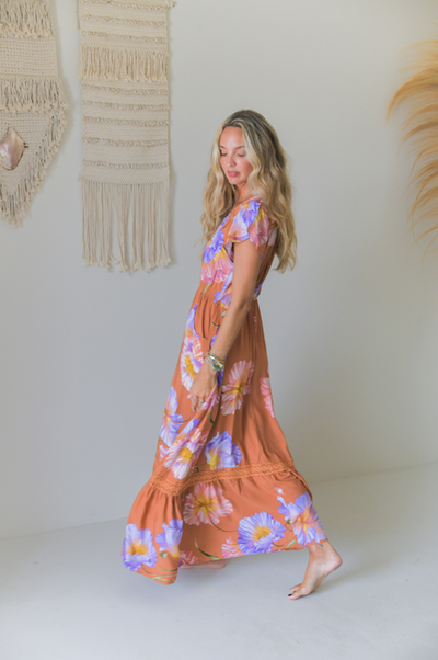 Jaase Carmen Maxi Dress with Cap Shell Sleeve V Neck Pockets Buttoned - Amara Bloom - Style House Fashion Jaase