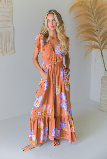 Jaase Carmen Maxi Dress with Cap Shell Sleeve V Neck Pockets Buttoned - Amara Bloom - Style House Fashion Jaase