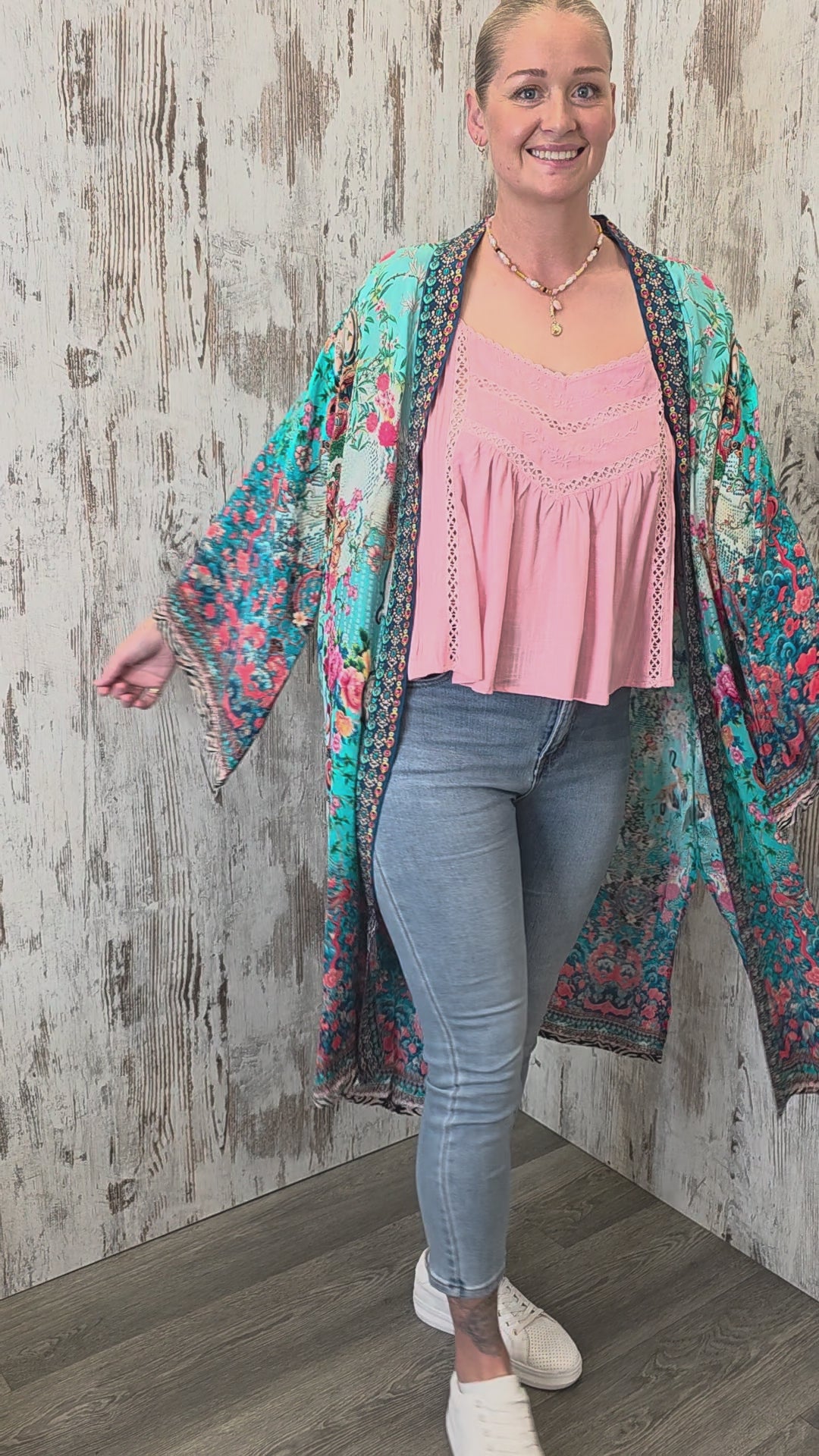Peacock Feather Opulence Embellished Kimono - Turquoise Oasis