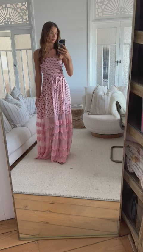 Jaase Salsa Leora Maxi Dress with Shirred Bodice Strapless Lace Skirt - Sunset Pink