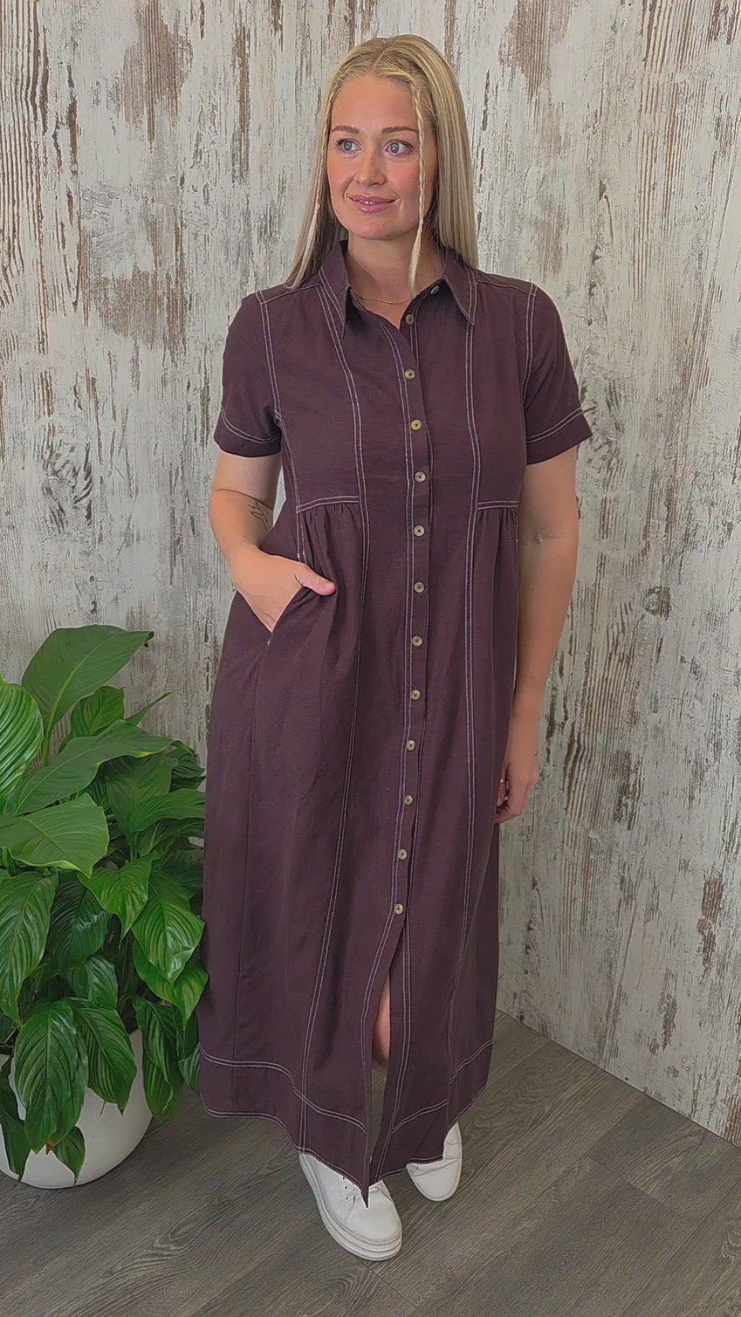 Label of Love Contrast Stitch Linen Blend Shirt Maxi Dress – Chocolate